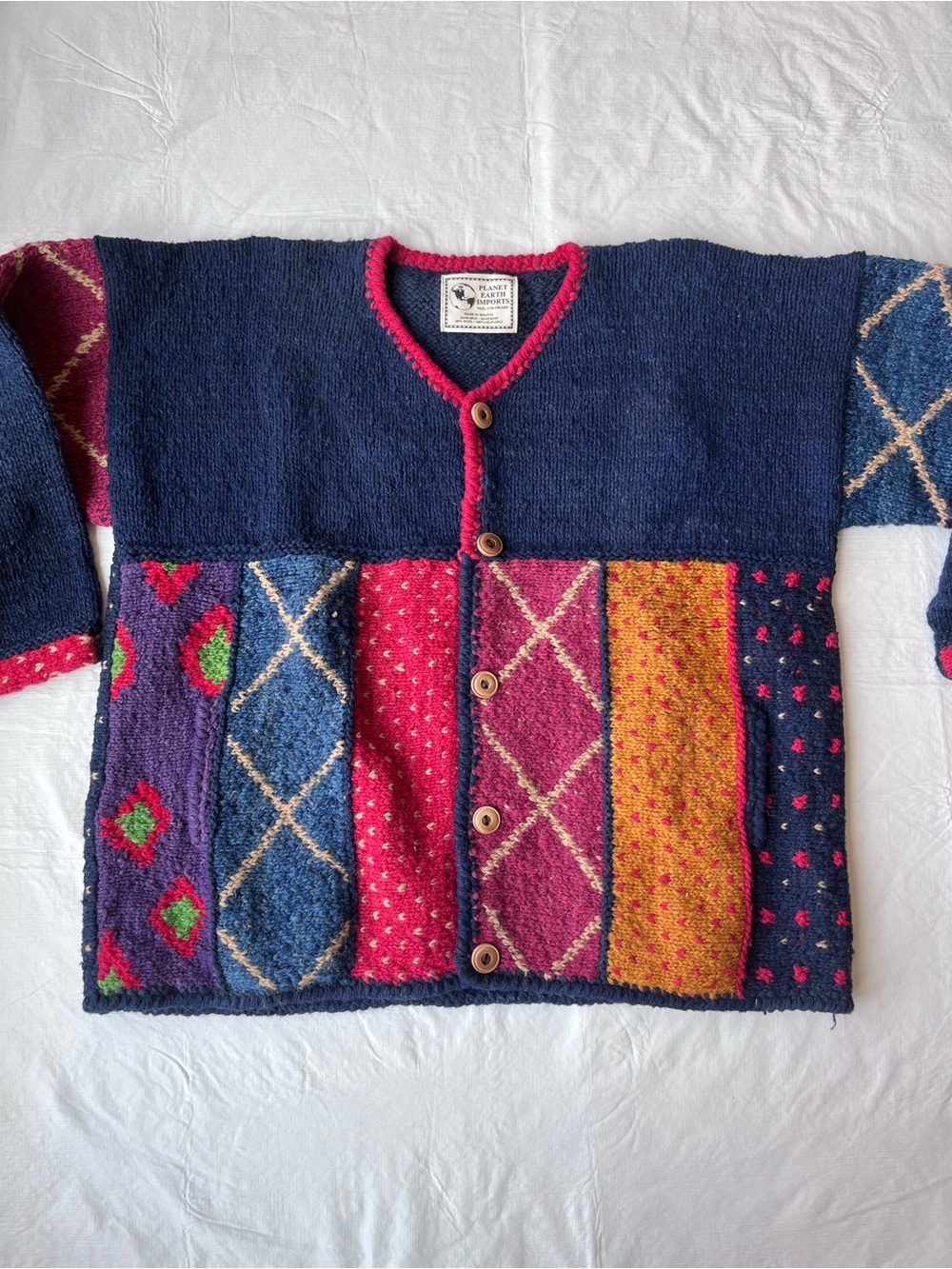 Vintage Planet Earth Imports Wool Hand Spun Hand Knit Colorful Cardigan Sweater